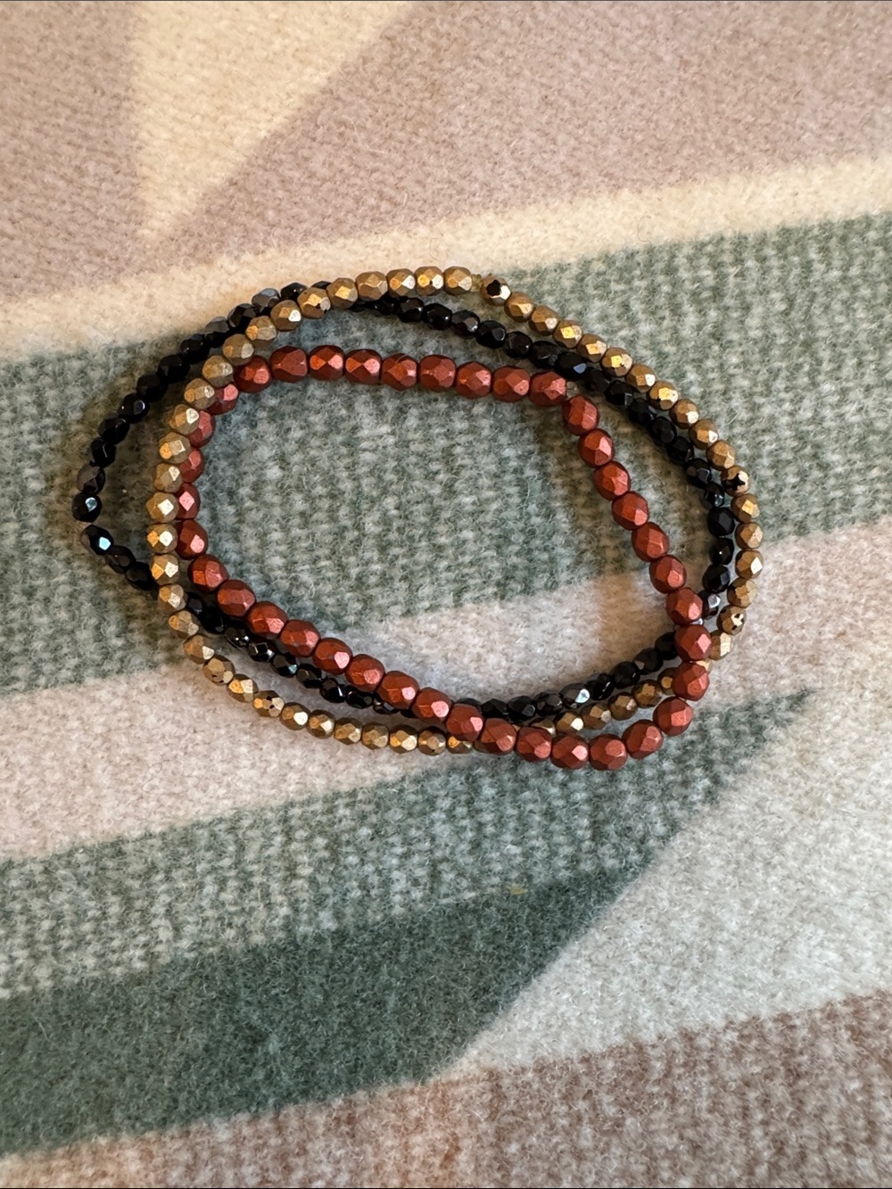 Set of 3 Beaded Stretch Bracelets- Black, Gold & Rose Gold